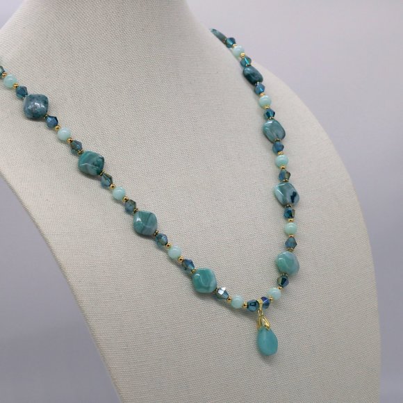 Aqua green Jasmin theme necklace with large silver lobster class. - Picture 2 of 5